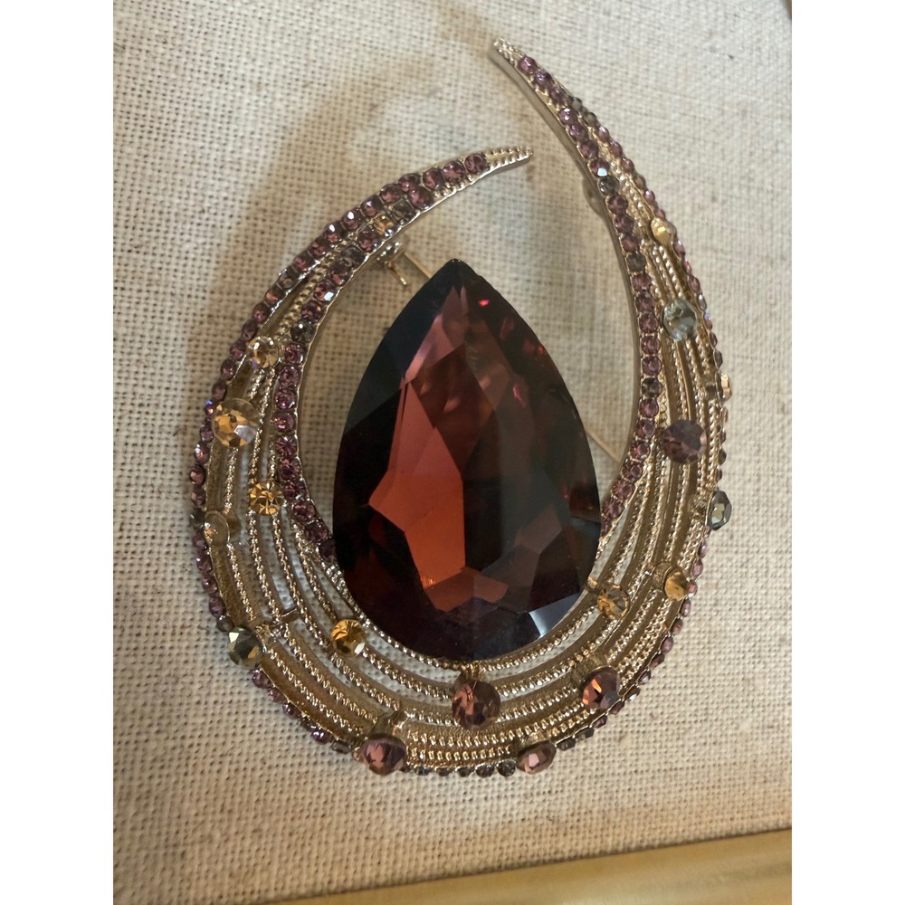 Vintage Style Gold Tone Purple Teardrop Crystal Rhinestone Statement Brooch‎ Pin